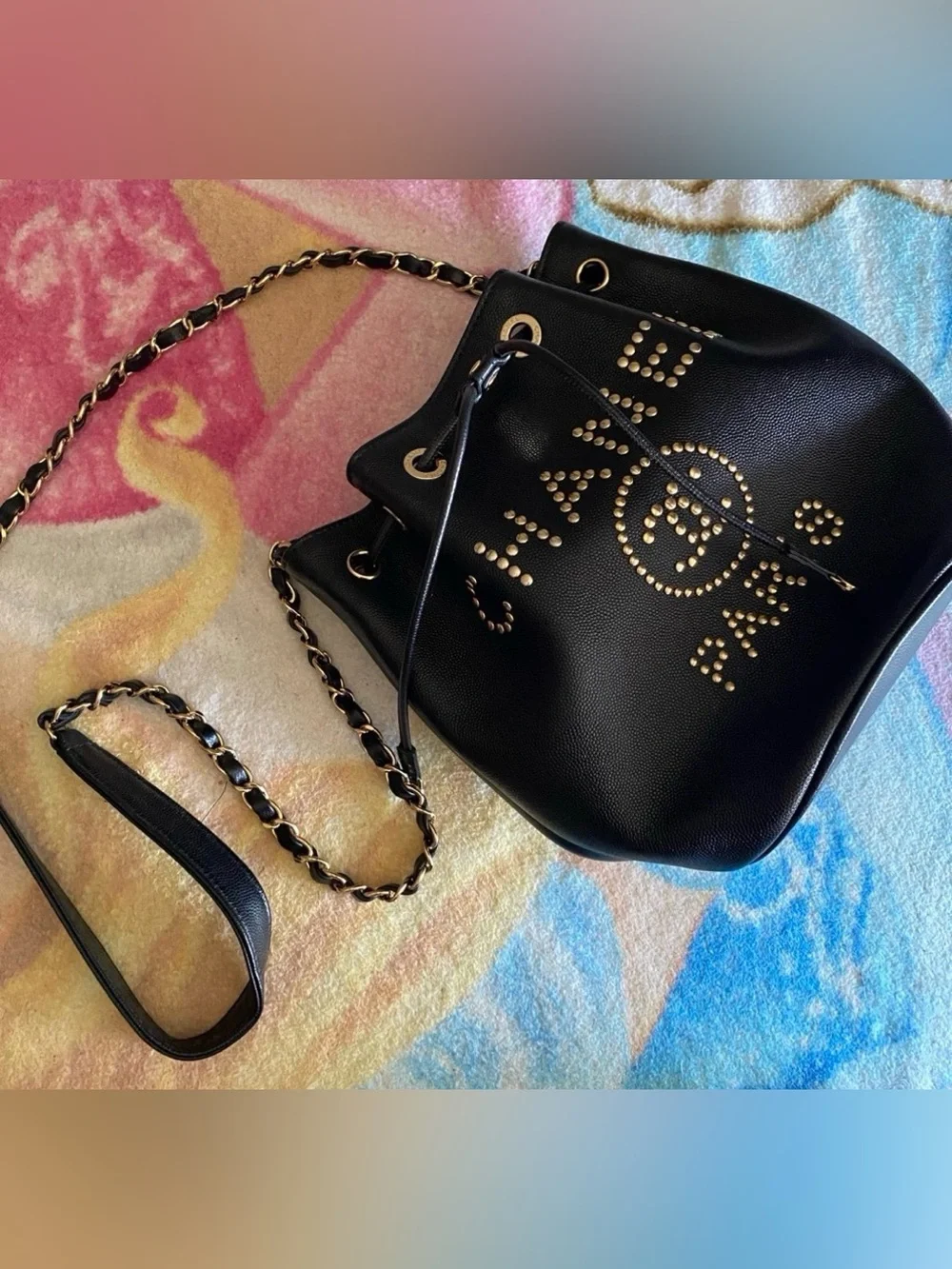 Chanel Bucket Black/gold Caviar Crossbody Studded small Mini CC Flap WOC Worn 1x